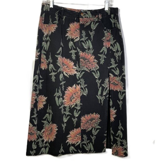 Vintage Lovey U-Dear Floral Midi Skirt Black Sunflower Print Raw Hem Slit Size L - Picture 4 of 14